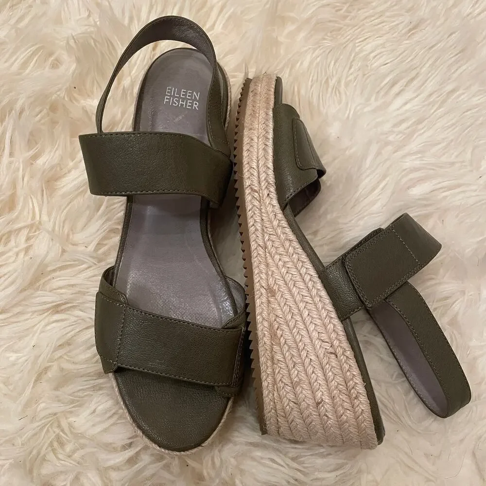 Eileen Fisher 10 Olive Leather Wedge Sandals | Espadrille Platform, Adjustable